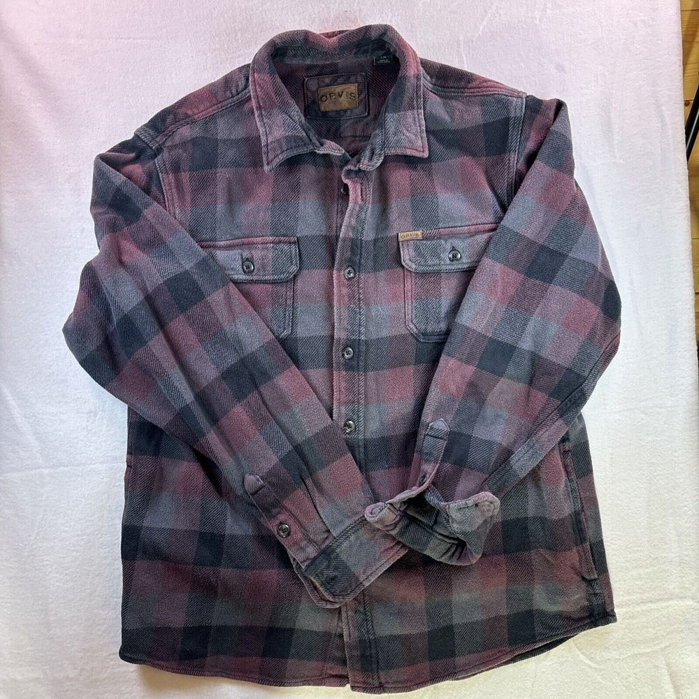 Orvis Big Bear Heavy Flannel Plaid Shacket Shirt Jacket Pockets Men's LG Maroon